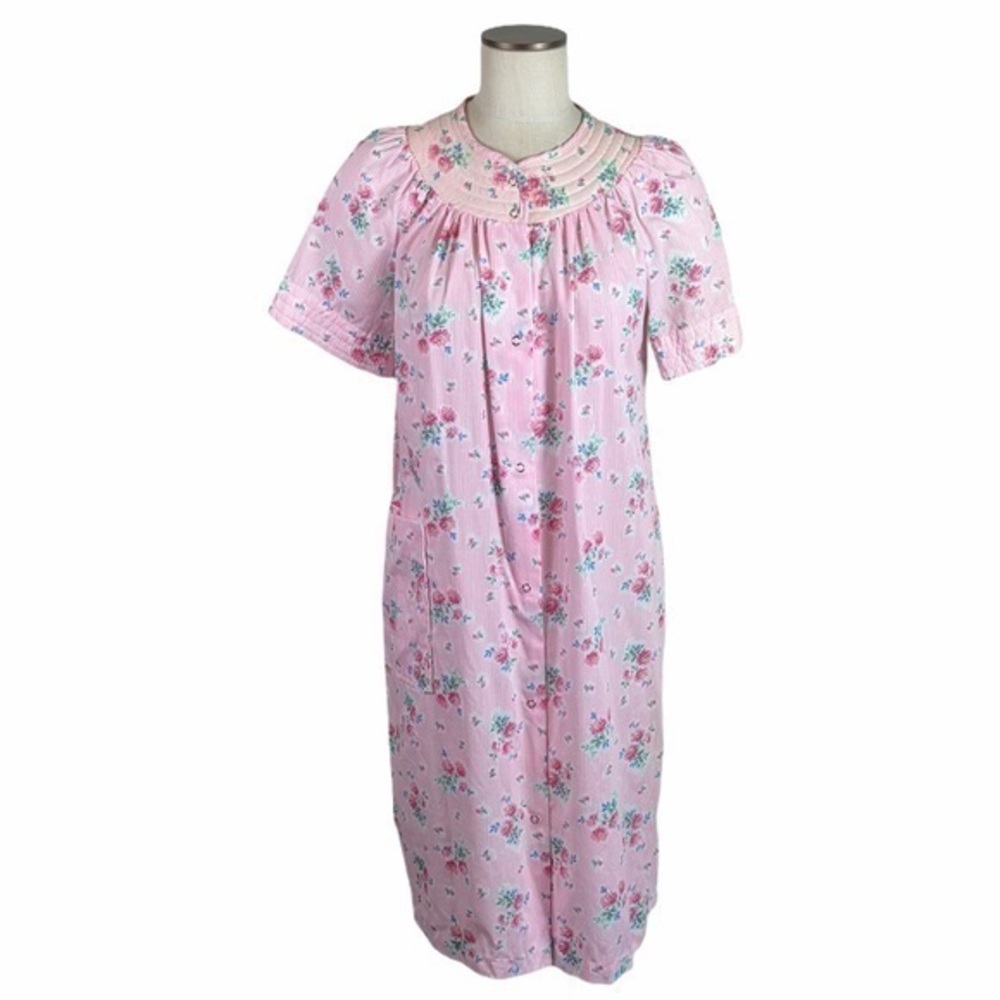 Vintage Pink Floral Housecoat Nightgown Dress Med